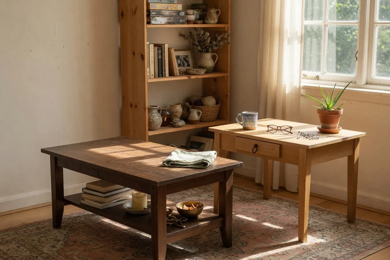 How to Mix Mismatched Thrifted Wood Tones in One Living Room